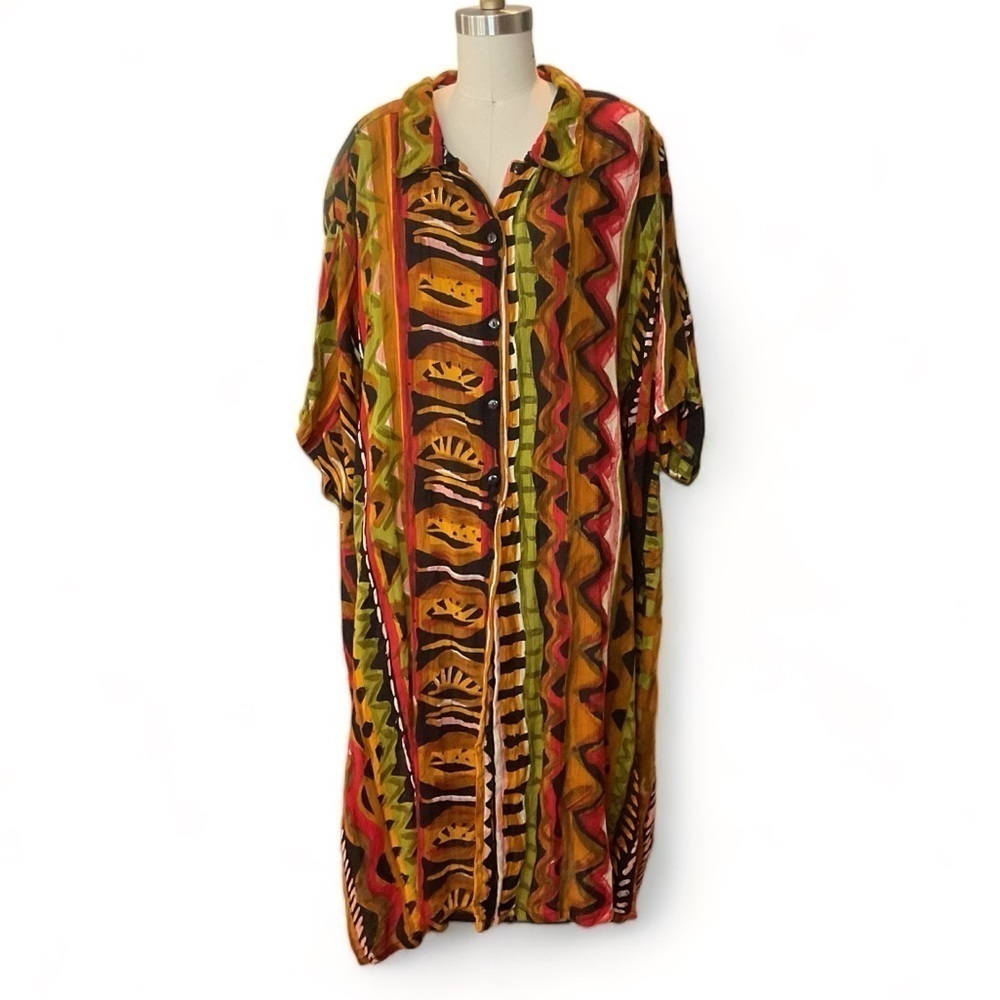 Vintage Multicolor Abstract Print Button-Up Blouse